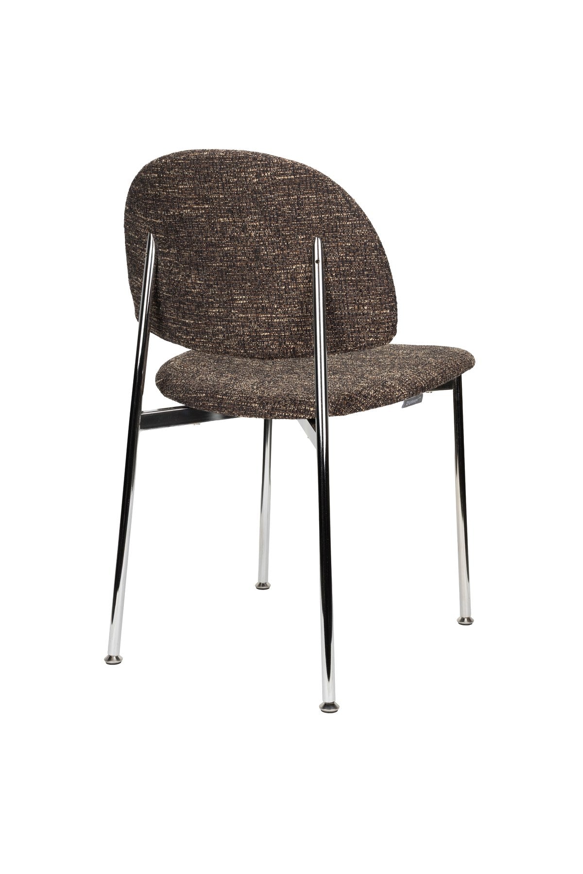 Stuhl Chair Sunrise Silver/Brown von Zuiver mit rundlicher Rückenlehne, braunem meliertem Polyesterbezug und silbernem Gestell, freigestellt.