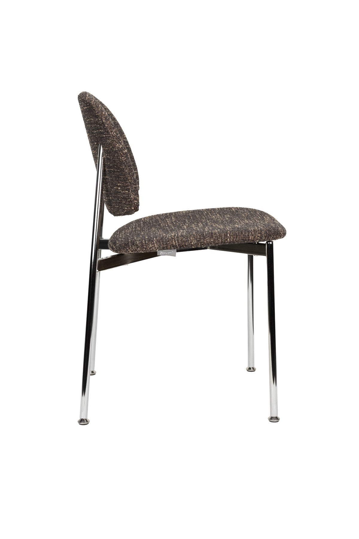 Stuhl Chair Sunrise Silver/Brown von Zuiver mit rundlicher Rückenlehne, braunem meliertem Polyesterbezug und silbernem Gestell, freigestellt.