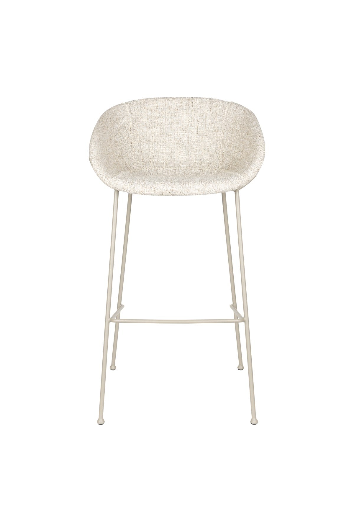 Barhocker Feston von Zuiver in Beige, gepolsterte Sitzfläche aus Eukalyptusholz mit Stahlrahmen an den Seiten, Rückenlehne aus Polyester.