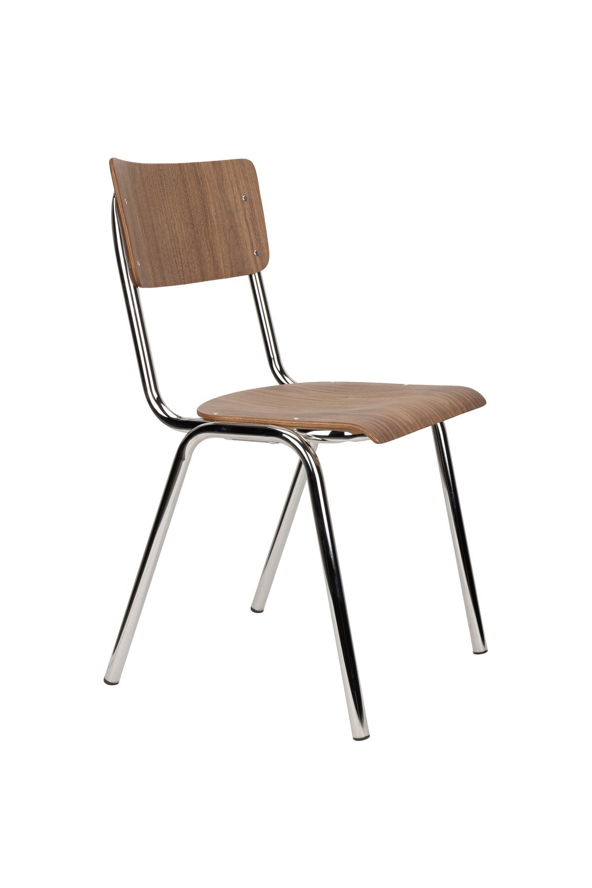 Stuhl Chair Back To School Walnut/Chrome von Zuiver mit brauner Buchenholz-Sitzfläche und beigem Gestell, Multiplex-Holzkante sichtbar.