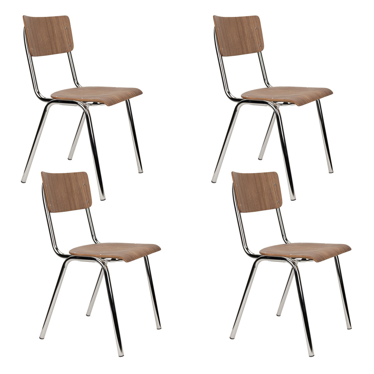 Stuhl Chair Back To School Walnut/Chrome von Zuiver mit brauner Buchenholz-Sitzfläche und beigem Gestell, Multiplex-Holzkante sichtbar.
