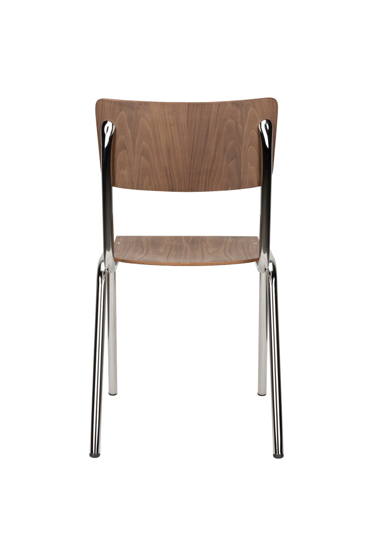 Stuhl Chair Back To School Walnut/Chrome von Zuiver mit brauner Buchenholz-Sitzfläche und beigem Gestell, Multiplex-Holzkante sichtbar.