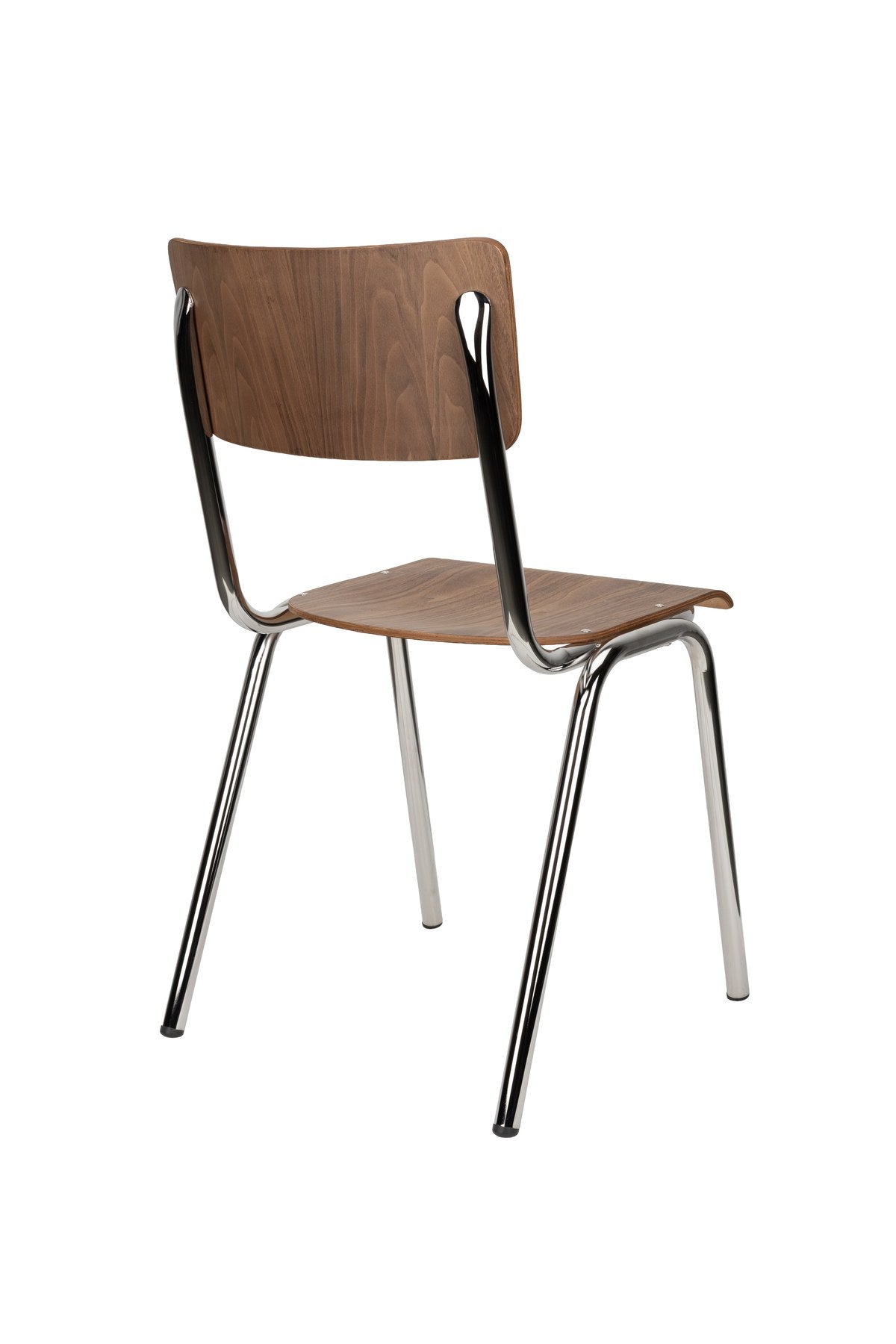 Stuhl Chair Back To School Walnut/Chrome von Zuiver mit brauner Buchenholz-Sitzfläche und beigem Gestell, Multiplex-Holzkante sichtbar.