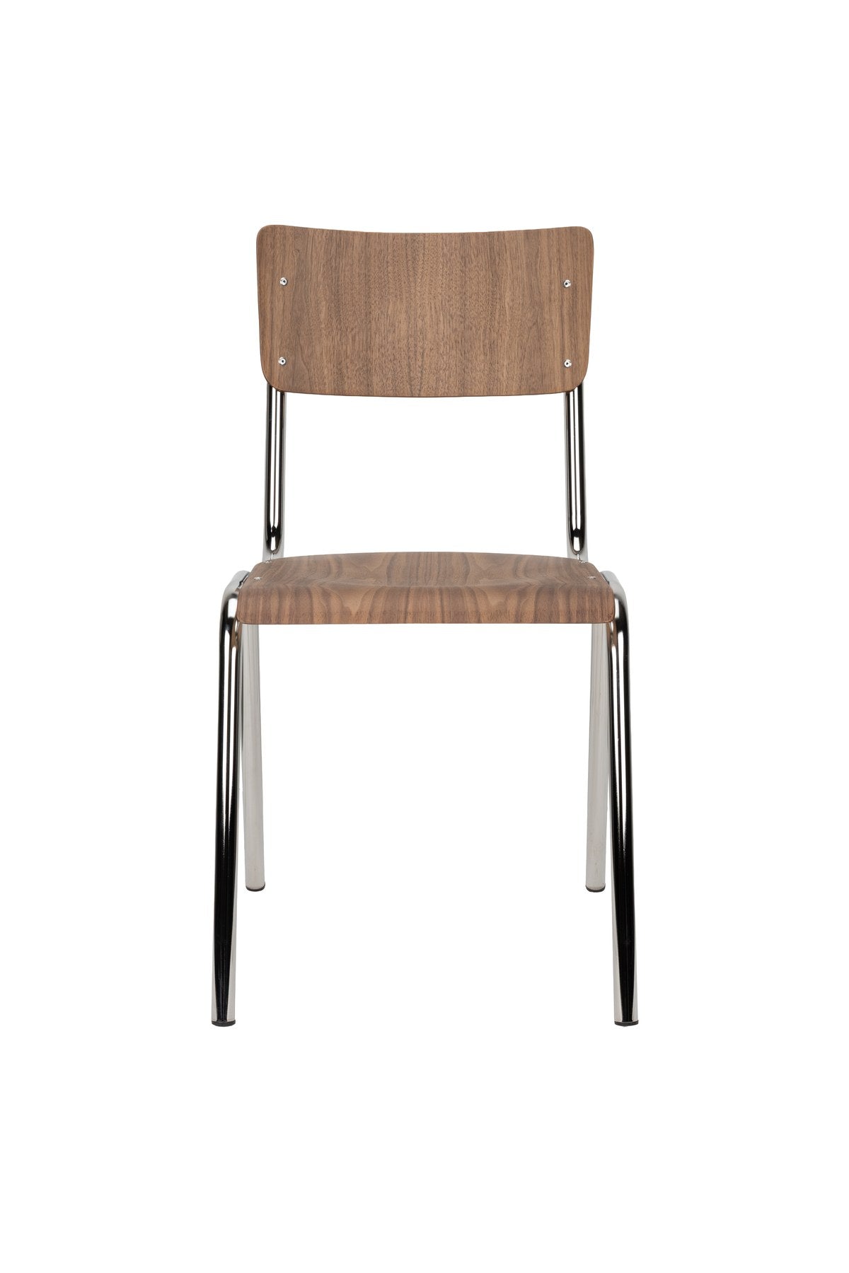 Stuhl Chair Back To School Walnut/Chrome von Zuiver mit brauner Buchenholz-Sitzfläche und beigem Gestell, Multiplex-Holzkante sichtbar.