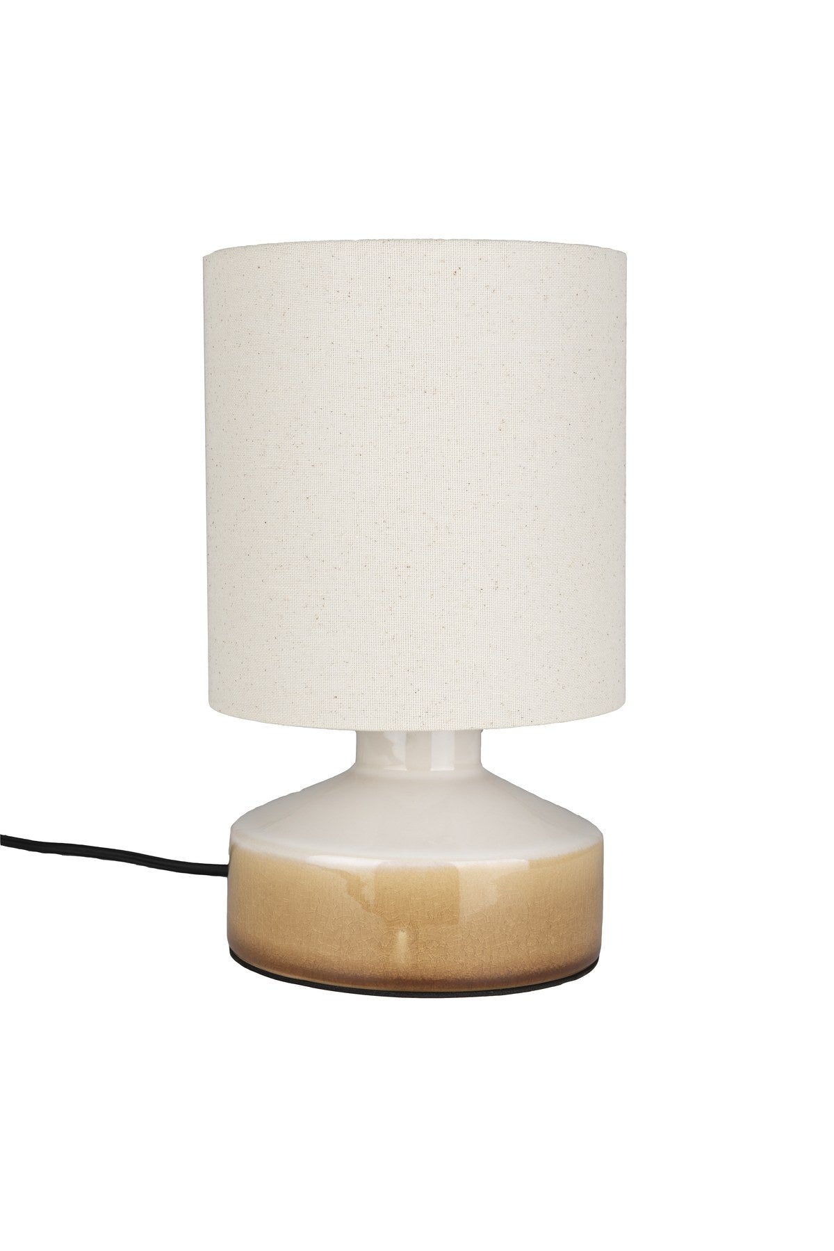 Beige Tischleuchte Nook von Zuiver mit Lampenschirm aus Leinen und rundem Fuss aus glänzendem Keramik, schwarzes Textilkabel.