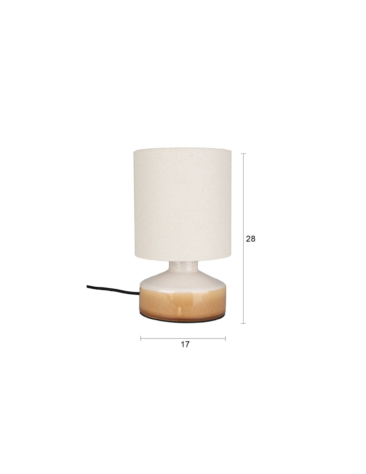 Beige Tischleuchte Nook von Zuiver mit Lampenschirm aus Leinen und rundem Fuss aus glänzendem Keramik, schwarzes Textilkabel.