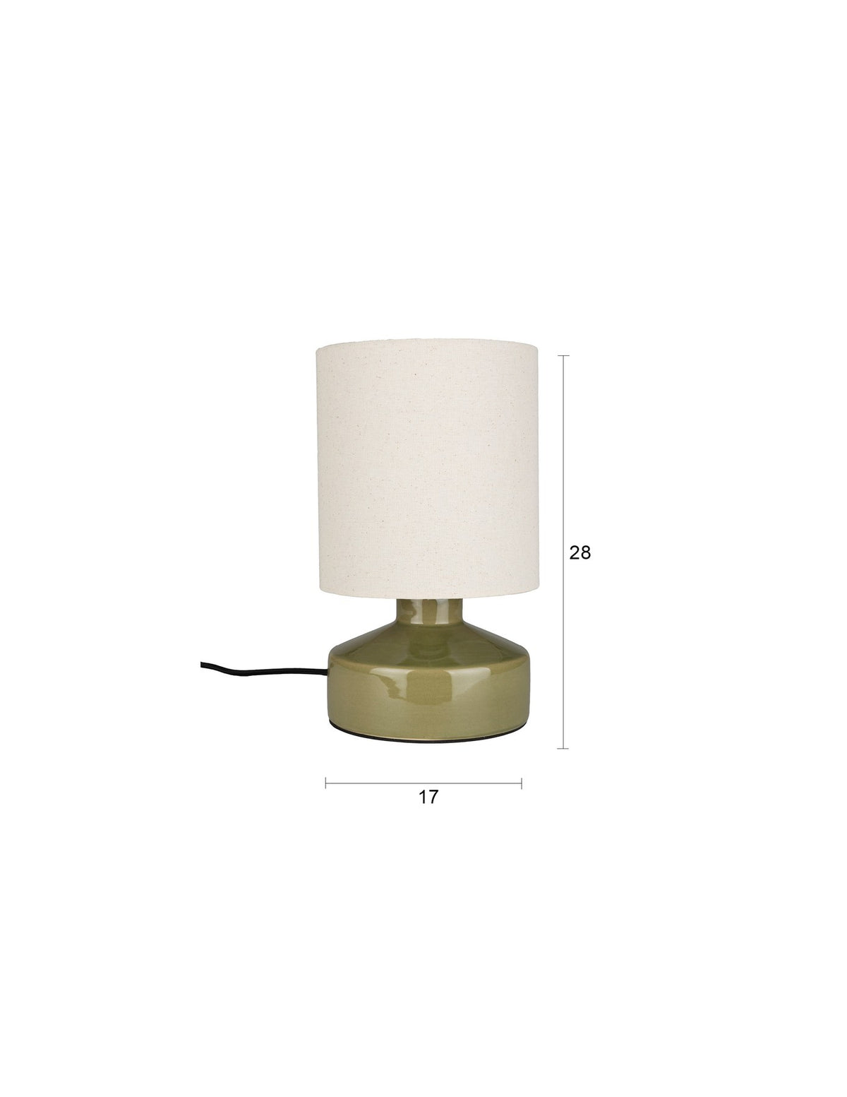 Tischlampe Nook von Zuiver in Grün: runder Lampenschirm aus Leinen auf einem Keramikfuss mit glänzender Oberfläche, Kabel aus schwarzem Textil.