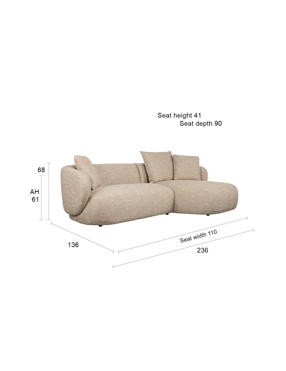 Hellbraunes L-Sofa Stones mit grob gewebtem Polyesterbezug, Zweisitzer und Chaiselongue rechts