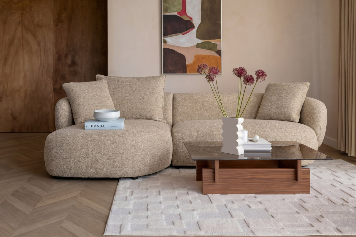 Hellbraunes L-Sofa Stones Lounge von Zuiver mit grob gewebtem Polyesterbezug und runden Formen