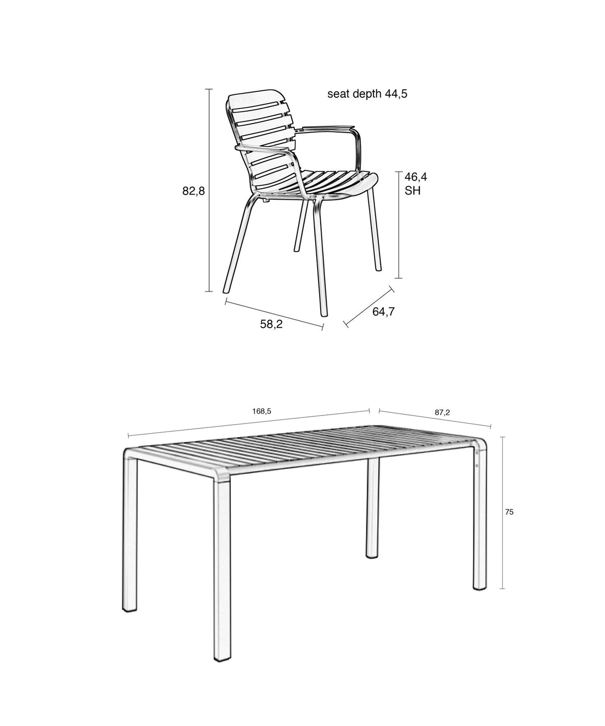 Roter Gartentisch aus Aluminium mit vier passenden Armlehnstühlen, pulverbeschichtete Oberfläche, offenes Gestell-Design für Aussenbereich.