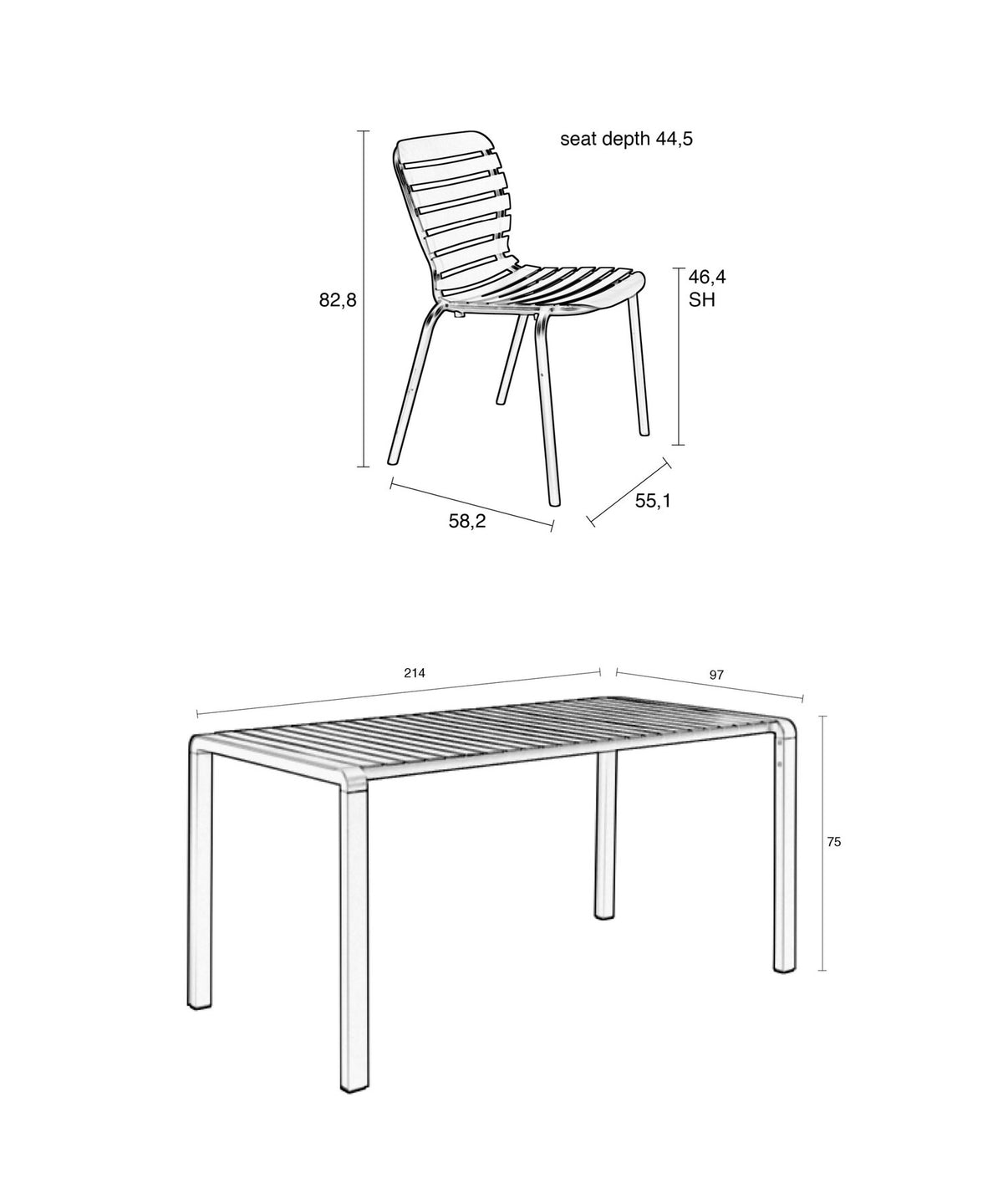 Rotes Gartentischset von Zuiver aus Aluminium: langer Tisch mit sechs dazugehörigen Stühlen, pulverbeschichtete Oberfläche.