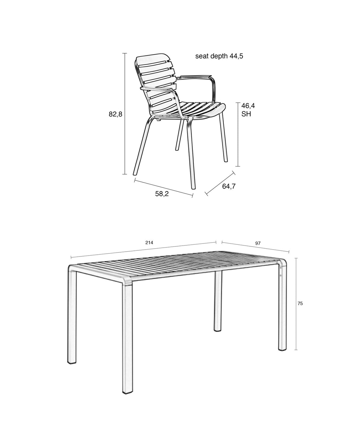 Rotes Gartentischset Vondel von Zuiver: Aluminiumtisch mit offener Struktur und sechs passende Armlehnstühle im Freien.