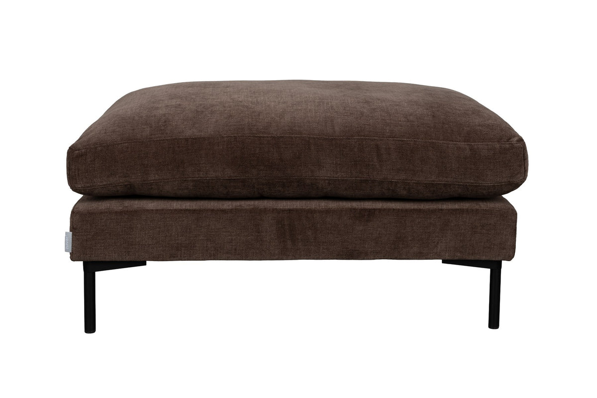 Gepolsterter Hocker Summer in Dunkelbraun mit Sitzfläche aus Acetat und Polyester, PU-Schaum-Polsterung, kompakte Form ohne Armlehnen.