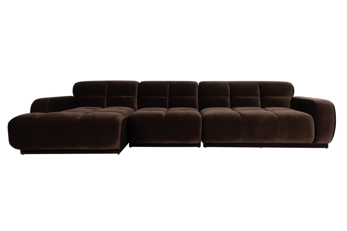 Braunes Ecksofa links Hazel von Zuiver mit Chaise Longue, gepolsterter Polyester-Bezug, grosszügige Form und weiche Rundungen.