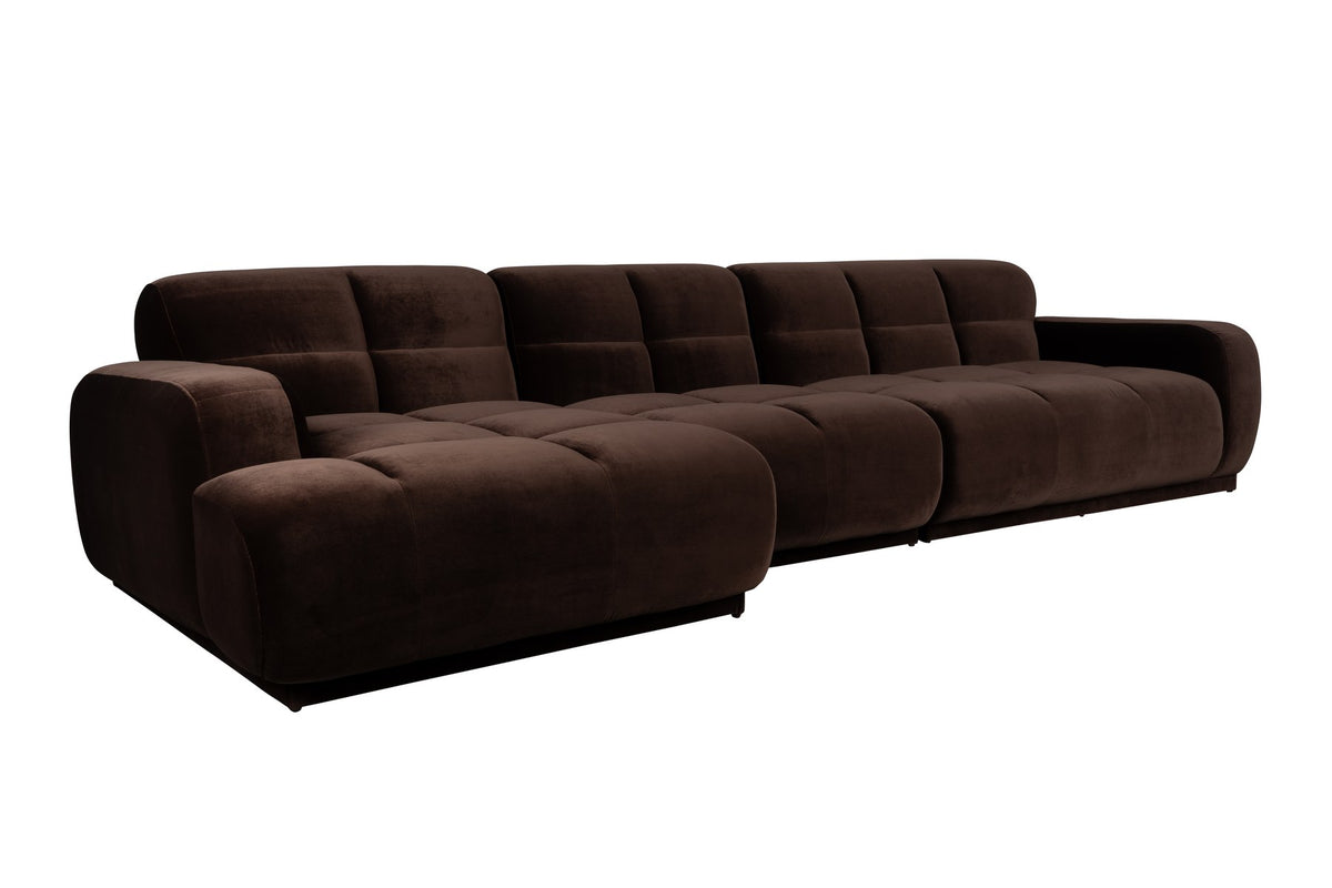 Braunes Ecksofa links Hazel von Zuiver mit Chaise Longue, gepolsterter Polyester-Bezug, grosszügige Form und weiche Rundungen.
