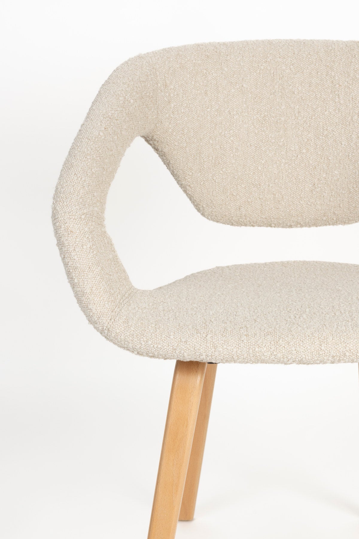 Beiger Stuhl mit Armlehne Flexback mit Bouclé-Sitzschale und braunem Buchenholzgestell