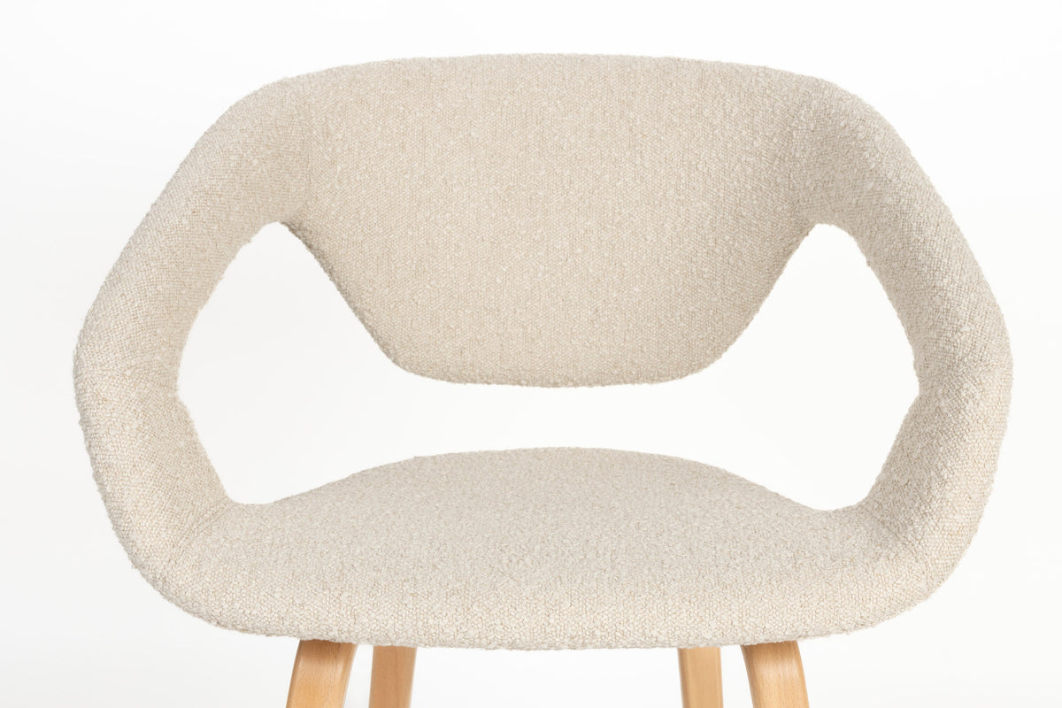 Beiger Stuhl mit Armlehne Flexback mit Bouclé-Sitzschale und braunem Buchenholzgestell