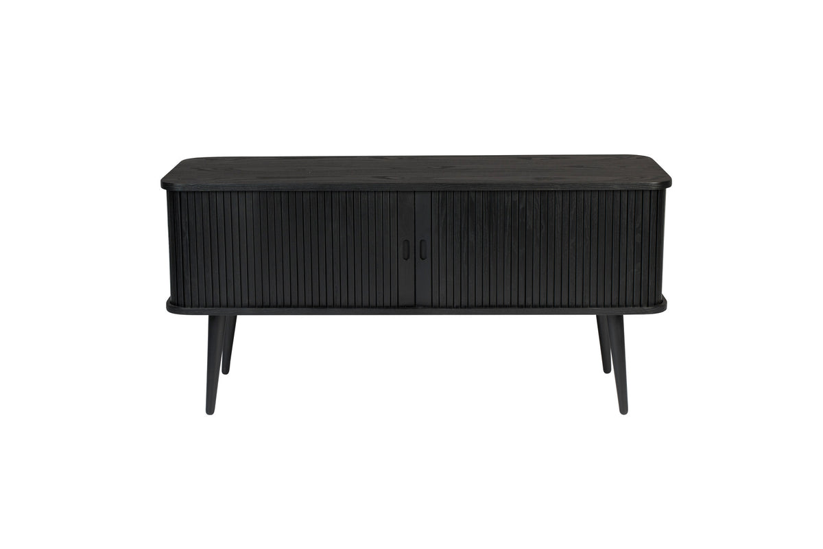 Sideboard Barbier von Zuiver in Natur mit Schiebetüren aus vertikalen Eschenholz-Lamellen, Beinen aus massivem Eschenholz und Regal aus gehärtetem Glas.