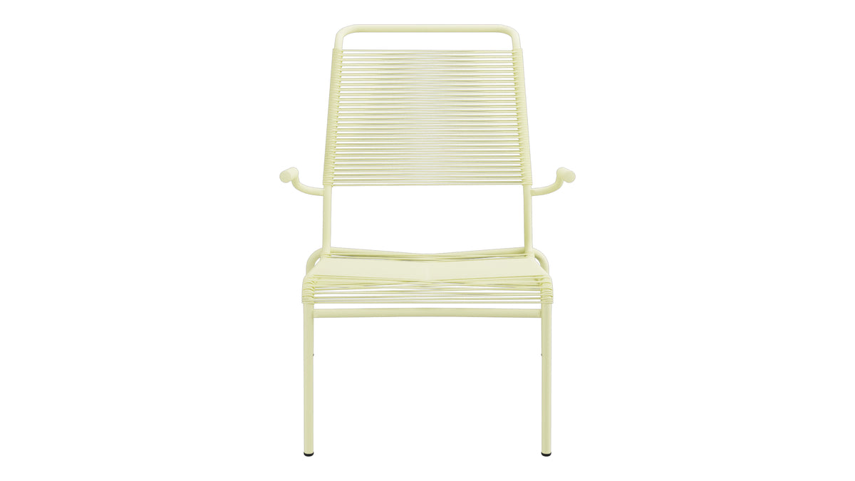 Säntis Lounger Spaghetti mit Armlehne Hochlehner in Buchsbaumgelb präsentiert im Onlineshop von KAQTU Design AG. Outdoor-Sessel mit Armlehnen ist von Schaffner