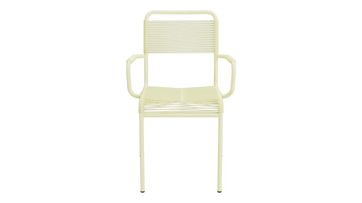 Rigi Spaghetti-Gartenstuhl mit Armlehne in Buchsbaumgelb präsentiert im Onlineshop von KAQTU Design AG. Gartenstuhl mit Armlehnen ist von Schaffner