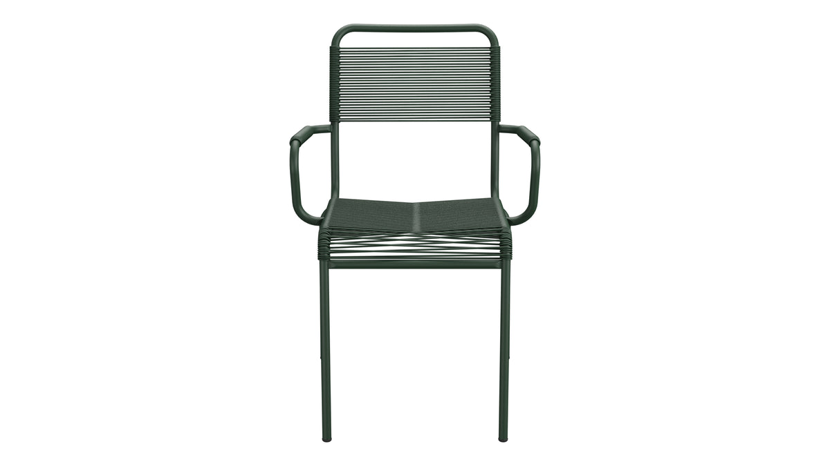 Rigi Spaghetti-Gartenstuhl mit Armlehne in Tannengrün präsentiert im Onlineshop von KAQTU Design AG. Gartenstuhl mit Armlehnen ist von Schaffner