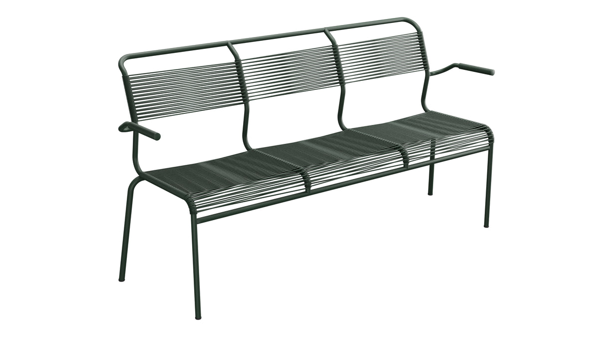 Säntis Spaghetti-3er-Gartenbank mit Armlehne in Tannengrün präsentiert im Onlineshop von KAQTU Design AG. Gartenbank ist von Schaffner