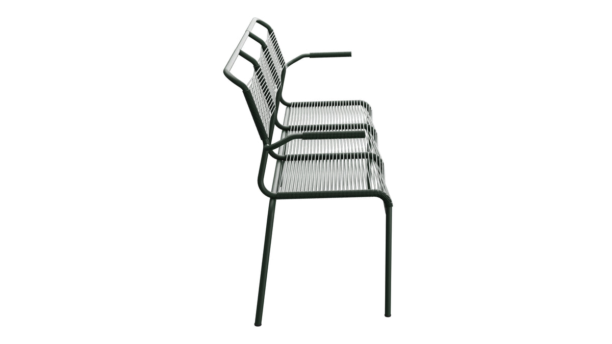 Säntis Spaghetti-3er-Gartenbank mit Armlehne in Tannengrün präsentiert im Onlineshop von KAQTU Design AG. Gartenbank ist von Schaffner