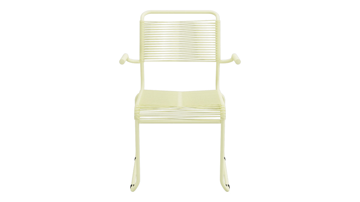 Säntis Spaghetti-Gartenstuhl mit Armlehne Kufen in Buchsbaumgelb präsentiert im Onlineshop von KAQTU Design AG. Gartenstuhl mit Armlehnen ist von Schaffner
