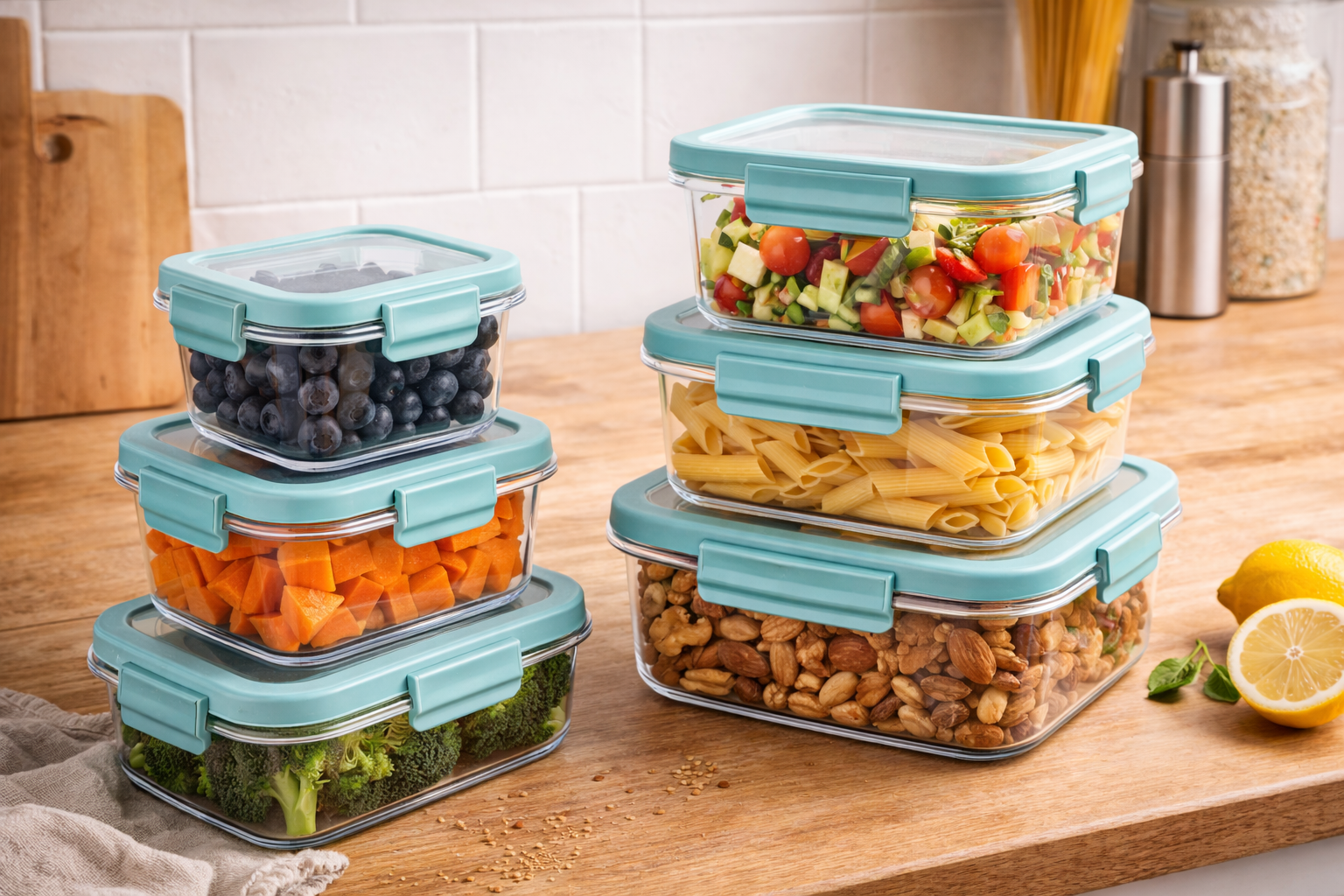 Aufbewahrungsdosen: luftdichte Gläser und Behälter, stapelbar, BPA-frei, modernes Design – ideal für Vorrat, Meal Prep und Küchenorganisation.