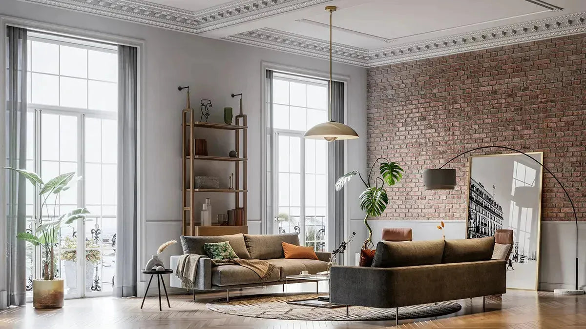 Ein stilvoll eingerichtetes Wohnzimmer im Industrial Chic mit Möbeln aus Metall und Holz, einer Betonwand im Hintergrund und dekorativen Accessoires im Fabrikstil.