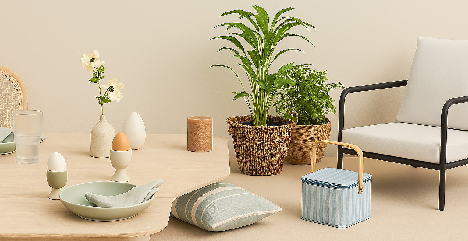 Frühlingshafte Osterdekoration mit natürlichen Materialien, zarten Farben und charmanten Details – stilvoll gedeckter Tisch mit frühlingshaften Akzenten.