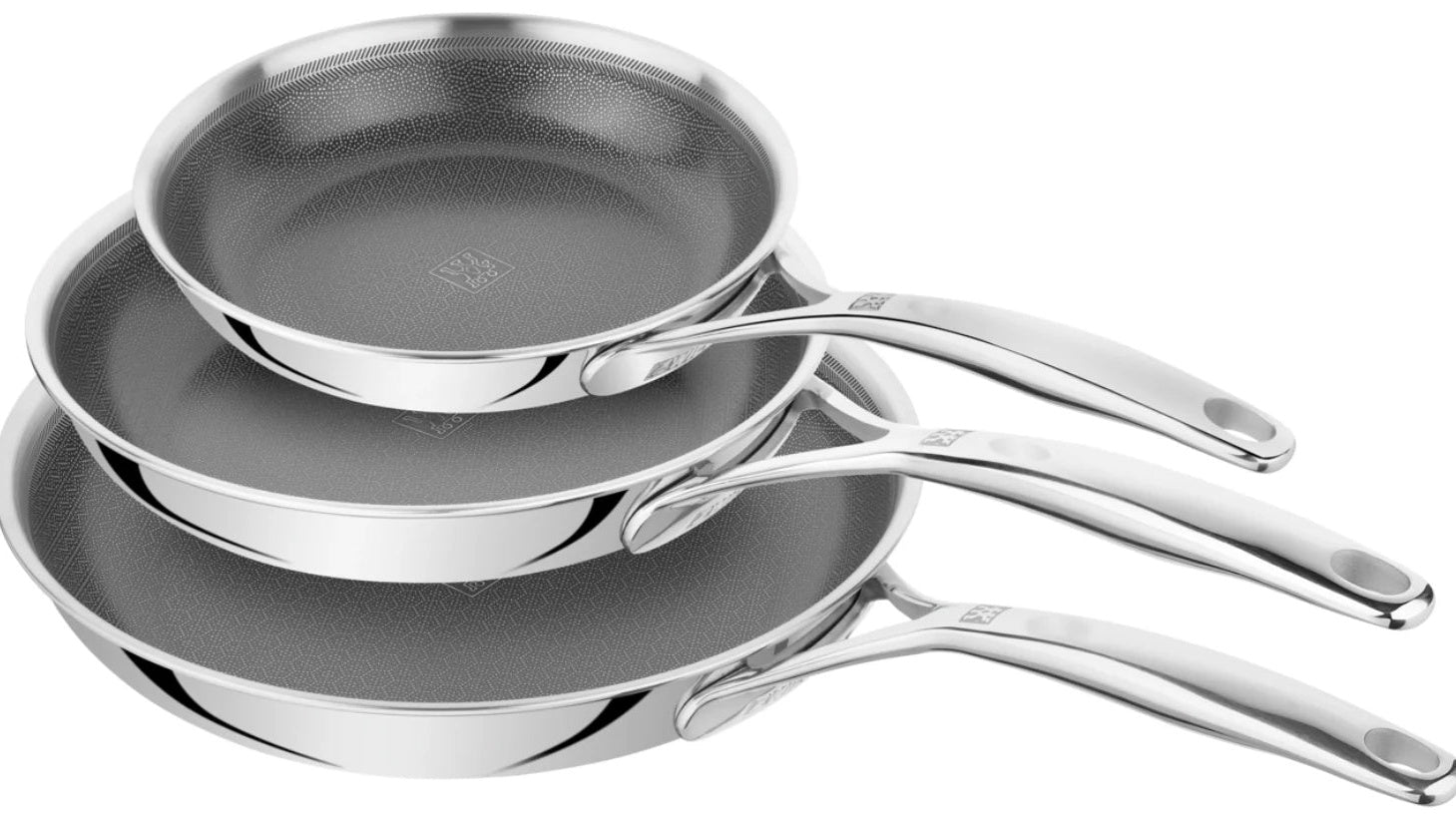 Hochwertiges Bratpfannenset mit verschiedenen Größen, langlebigen Materialien und gleichmäßiger Wärmeverteilung für vielseitiges Kochen in jeder Küche.
