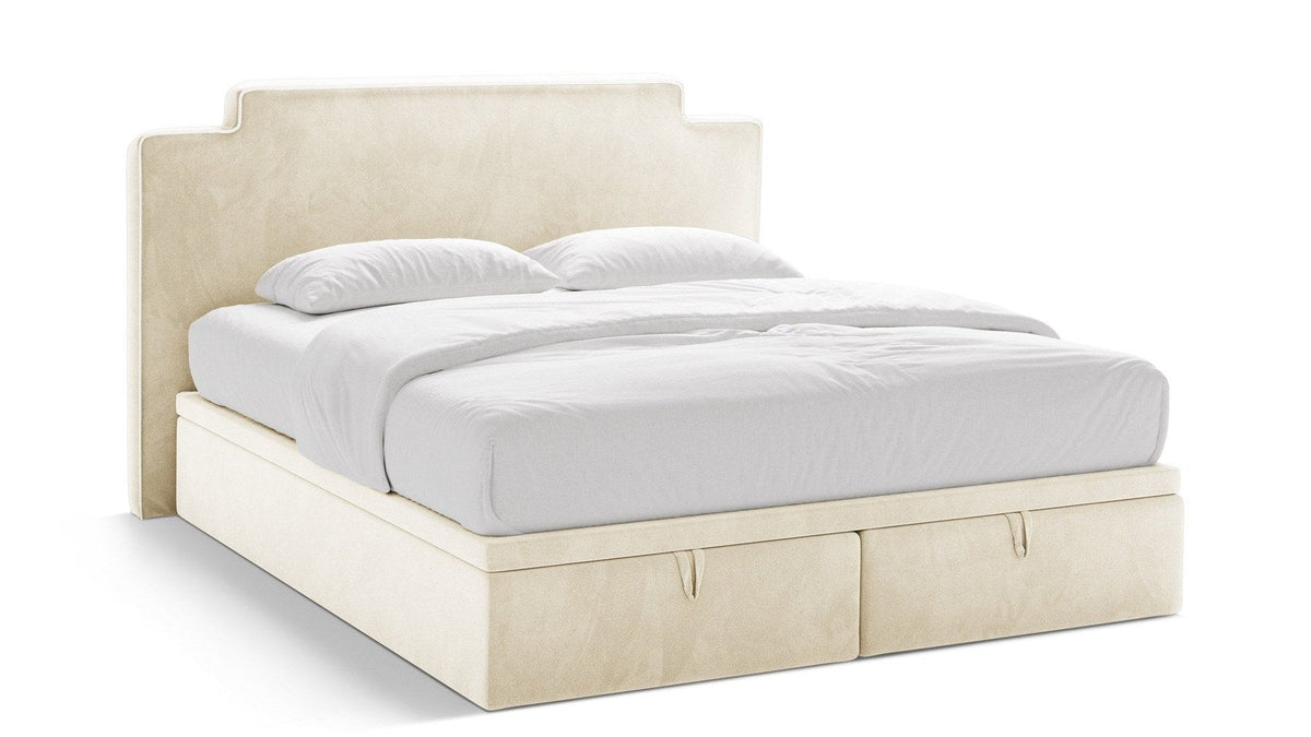 Micadoni Princess Stauraumbett mit hohem Art-déco-Kopfteil und Samtbezug Magic Velvet in Elfenbein