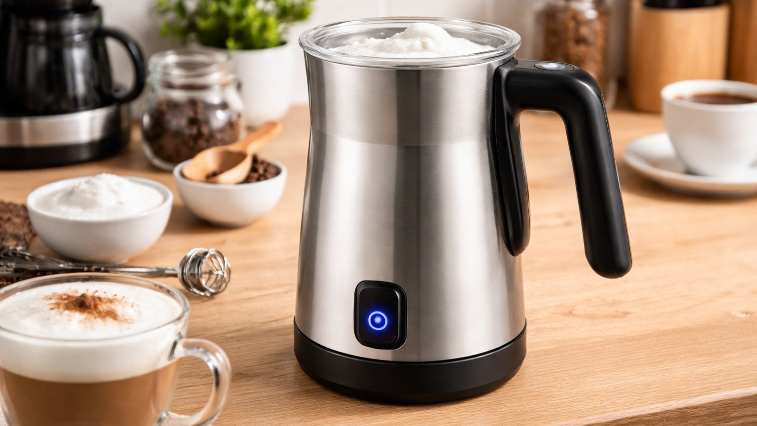 Verschiedene stilvolle Milchschäumer in hochwertiger Verarbeitung, ideal für cremigen Milchschaum bei Kaffee, Kakao und mehr. Für jeden Bedarf passend.