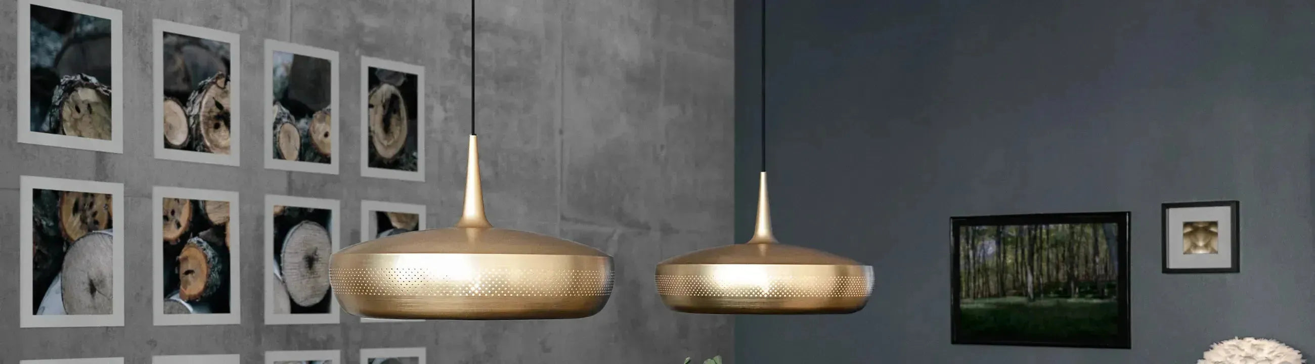 Pendelleuchten und Deckenleuchten in modernem Design, stilvoll arrangiert in einem gemütlichen Wohnraum, ideal für stimmungsvolle Beleuchtung.