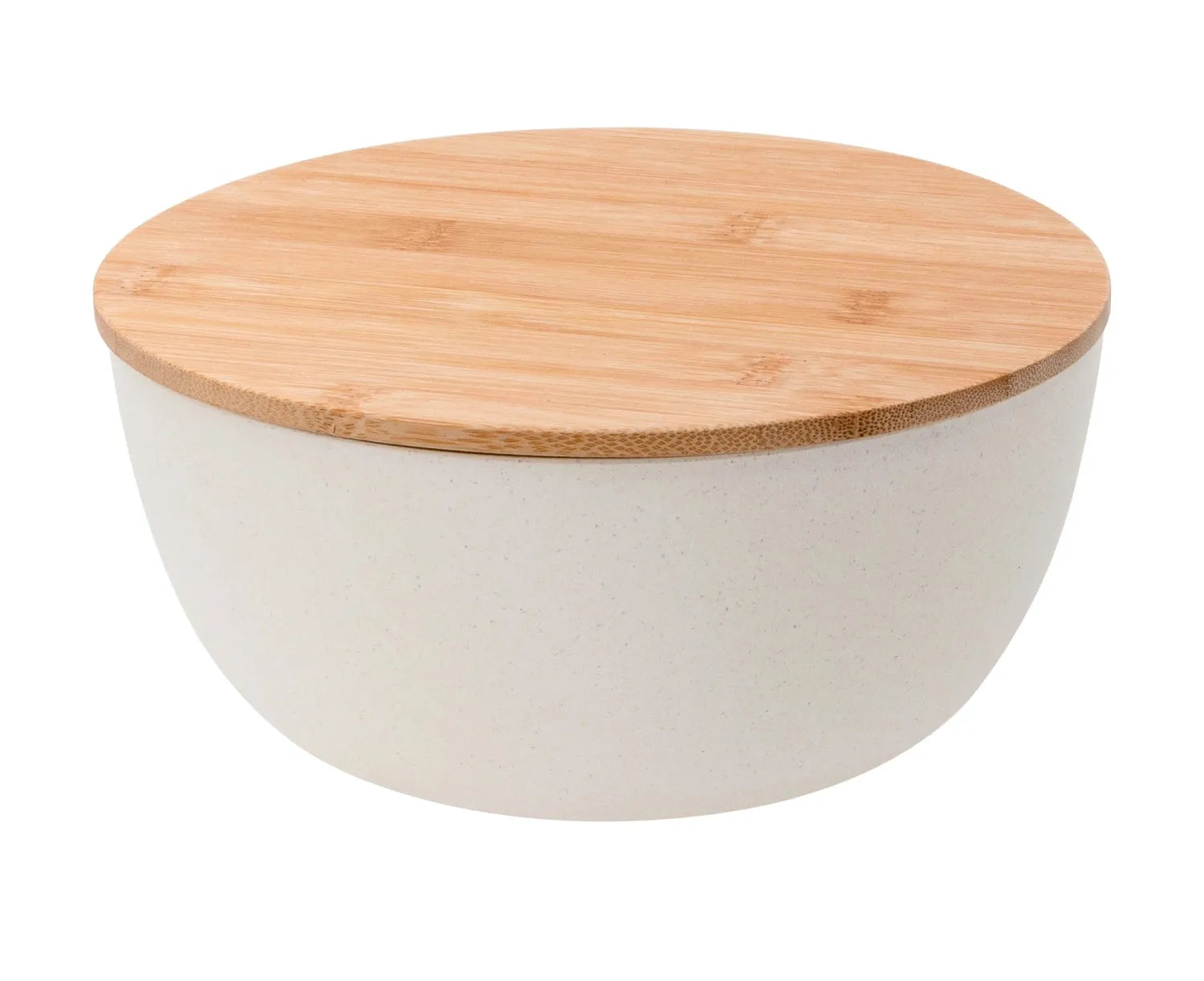 Stilvolle Salatschüssel (28cm) aus Polylactid mit Bambusdeckel von Pebbly. Umweltfreundlich, vielseitig und elegant.