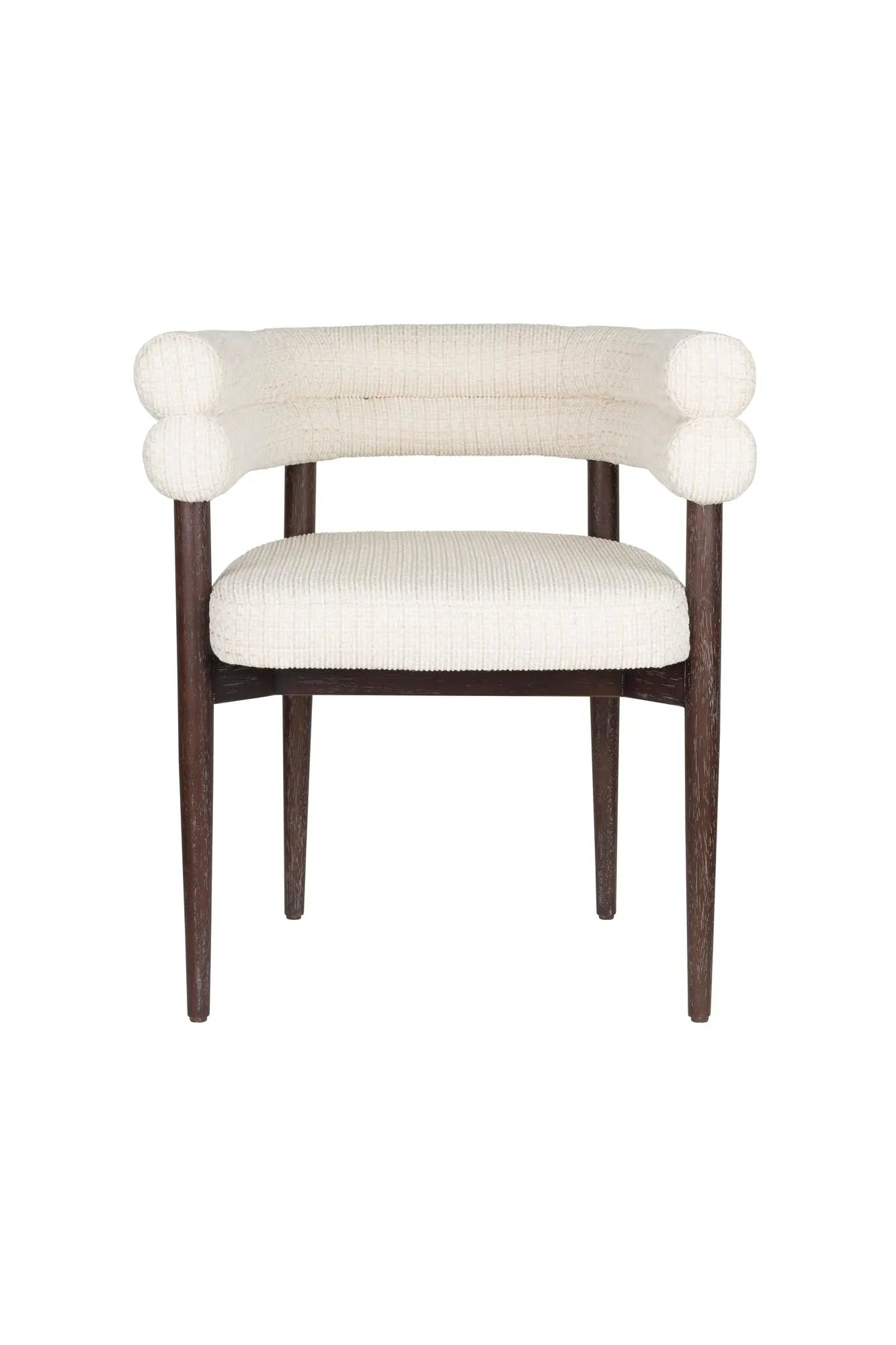 Eleganter Esszimmerstuhl mit Walnuss-Finish, weichem Stoffbezug und einzigartiger Rückenlehne für stilvollen Komfort.