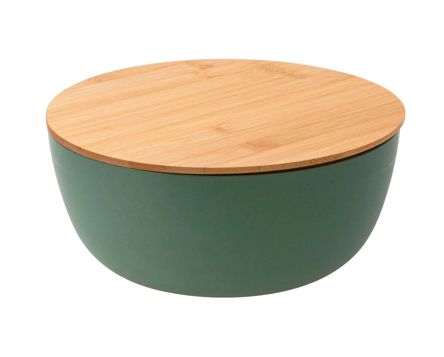Stilvolle grüne Salatschüssel (D14cm) von Pebbly mit Bambusdeckel, umweltfreundlich, ideal für Salate und Snacks.