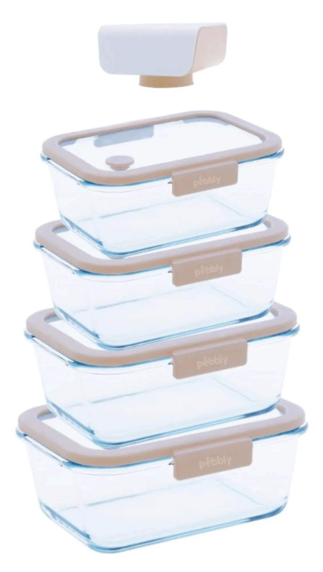 5er Set Pebbly Vakuum Vorratsdosen: Hitzebeständiges Borosilikatglas, luftdichter Verschluss, ideal für frische Lebensmittel. Elegantes Design.