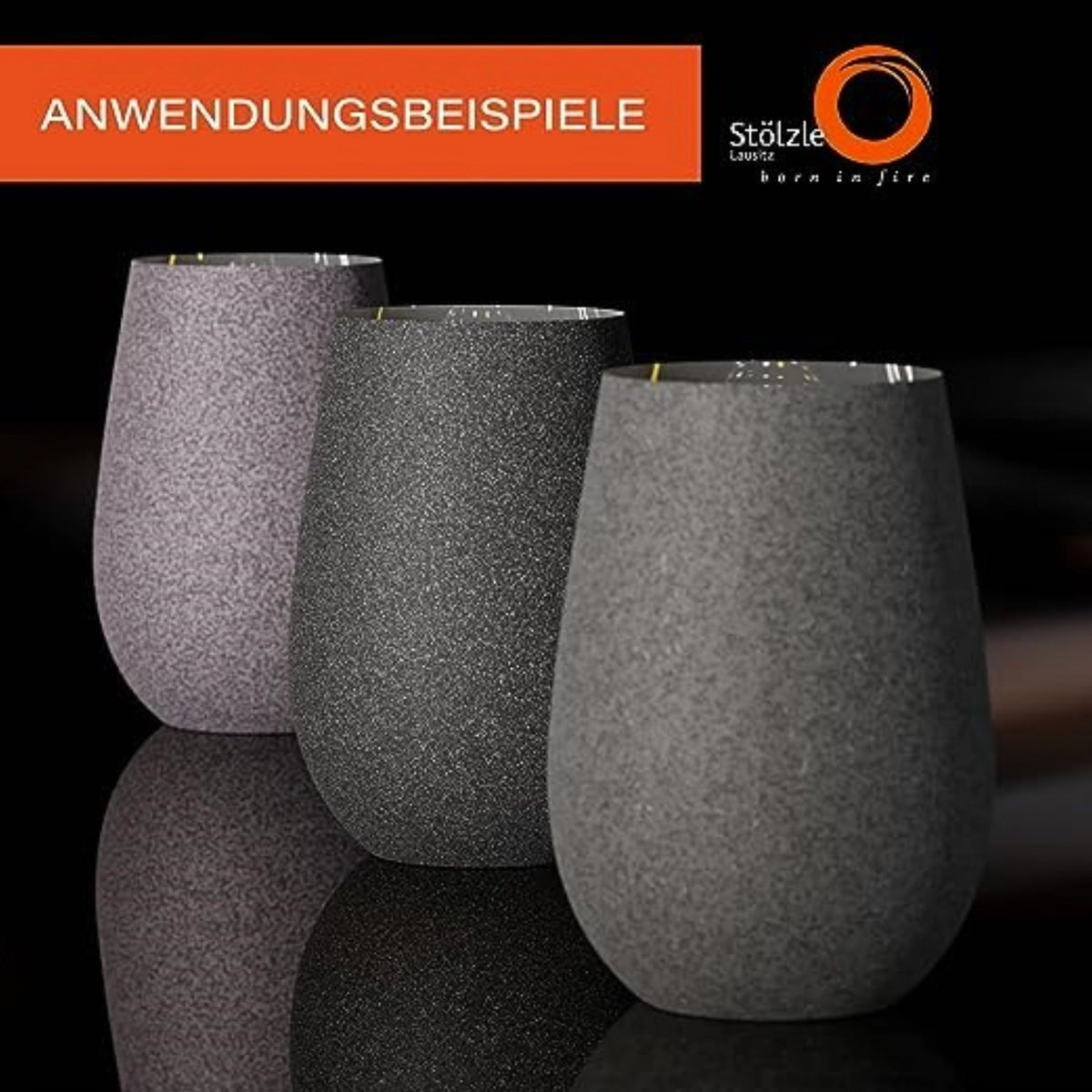 Longdrinkbecher Stones Basalt von Stölzle aus Glas in dunkelgrauer Steinoptik, bauchige Form, 465 ml Fassungsvermögen, silberfarben