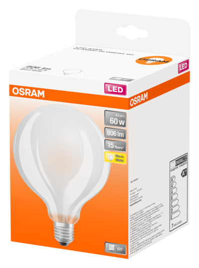 OSRAM LED-Lampe Globe E27, 6.5W, 806lm, warmweiß, matt, energiesparend, ideal für gemütliche Beleuchtung.