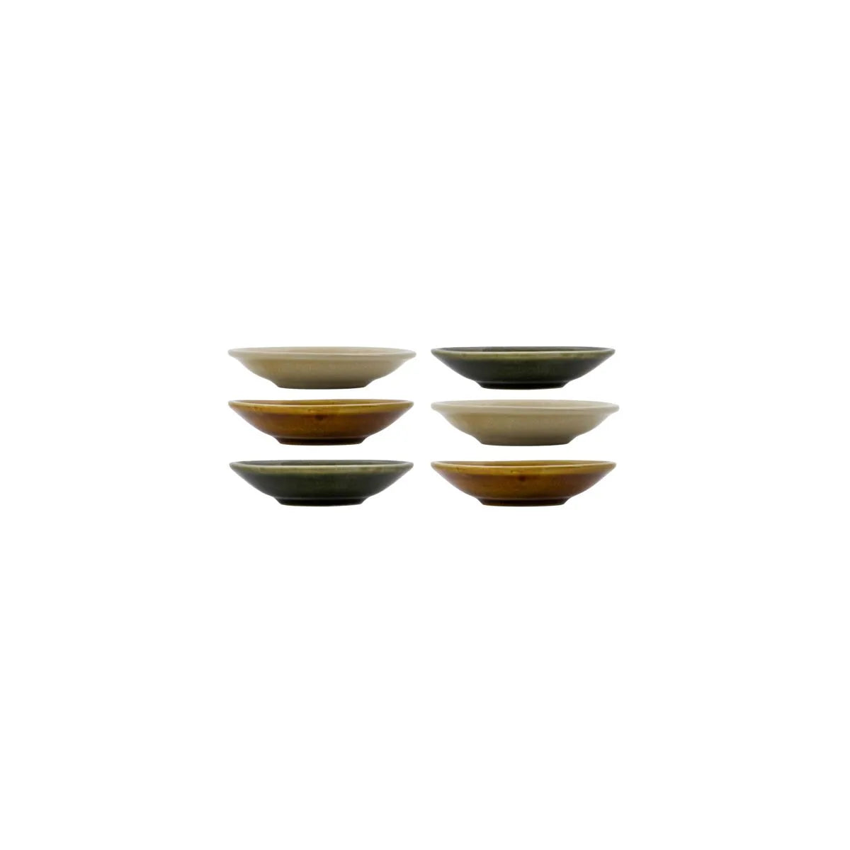 Set aus sechs Schalen in Grün, Gelb, Mokka für Sojasauce, Öle, Dips. Ideal für Sushi, vielseitig für Salz und Snacks. Ästhetisch und praktisch.