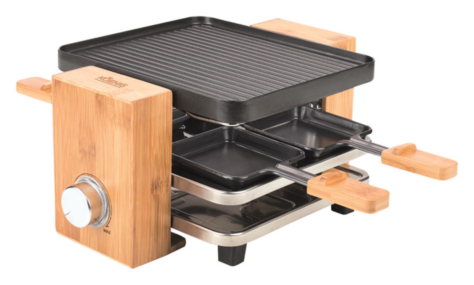 Eleganter Raclettegrill für 4 Personen, Bambusdesign, individuell regulierbare Heizelemente, kompakt, umweltfreundlich.