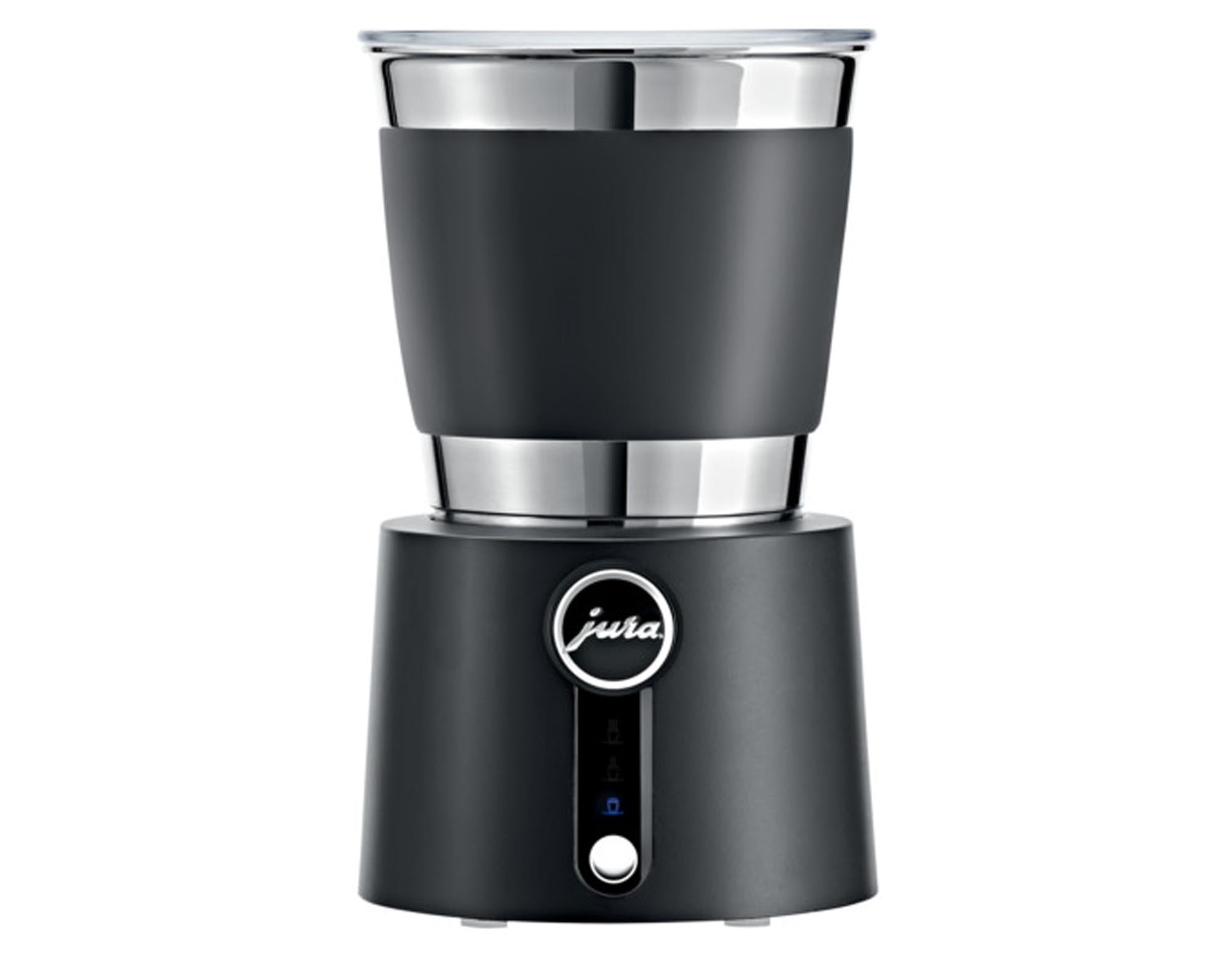 Der JURA Milchschäumer Hot Cold: Edles Design, heißer & kalter Schaum, einfache Reinigung, ideal für Cappuccino & Latte.