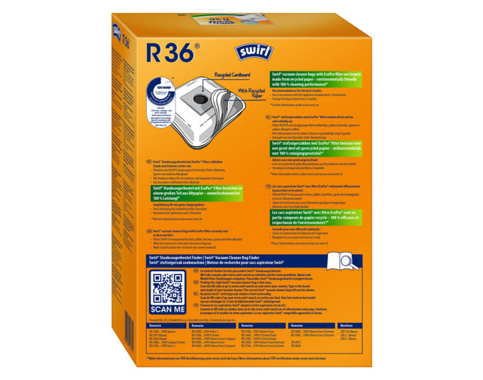 SWIRL Staubsäcke R36 bieten optimale Staubaufnahme und Passgenauigkeit für eine saubere und hygienische Umgebung.