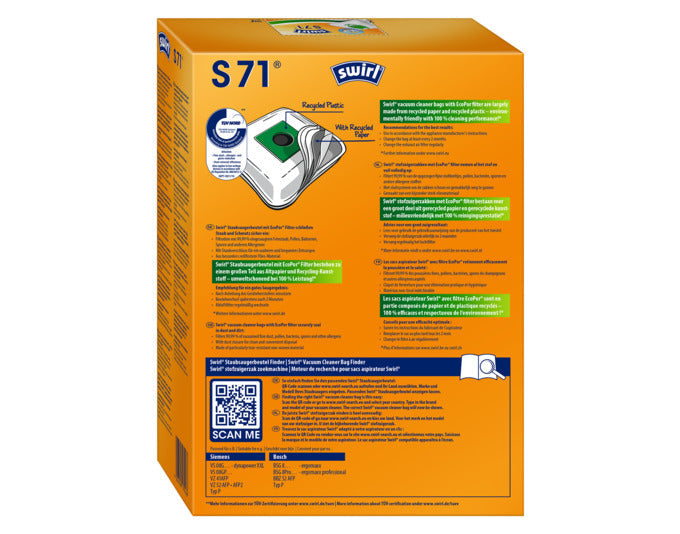 SWIRL Staubsäcke S71: Hochwertige Staubbeutel für optimale Saugleistung und saubere Luft, passend für viele Staubsaugermodelle.
