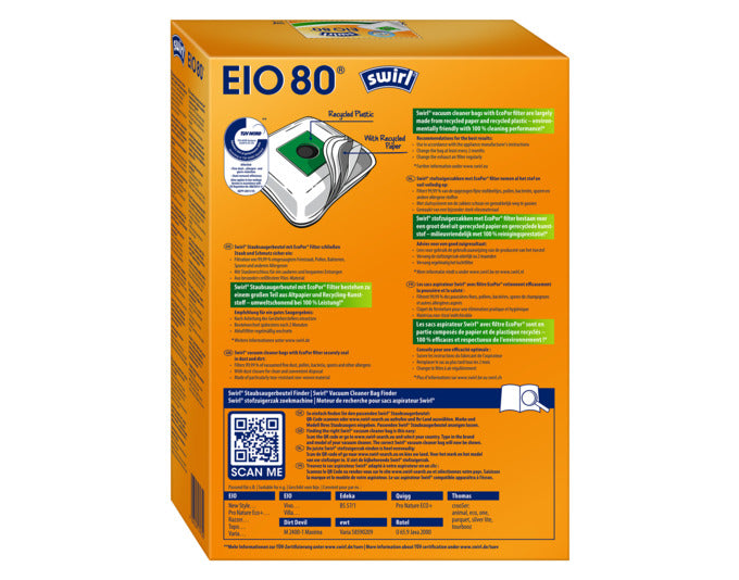 Entdecken Sie die umweltfreundlichen SWIRL Staubsäcke EIO80 mit EcoPor® Technologie für eine effiziente und allergenfreie Reinigung.