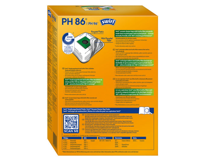 SWIRL PH86 Staubsäcke bieten optimale Filterleistung und passen perfekt für viele Staubsaugermodelle. Effizient und langlebig.