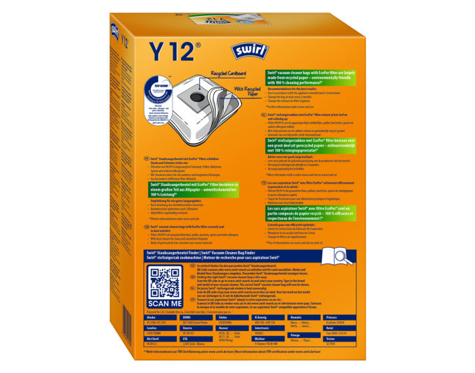 SWIRL Staubsäcke Y12 bieten optimale Staubaufnahme und Passgenauigkeit für Ihren Staubsauger. Effizient und zuverlässig.