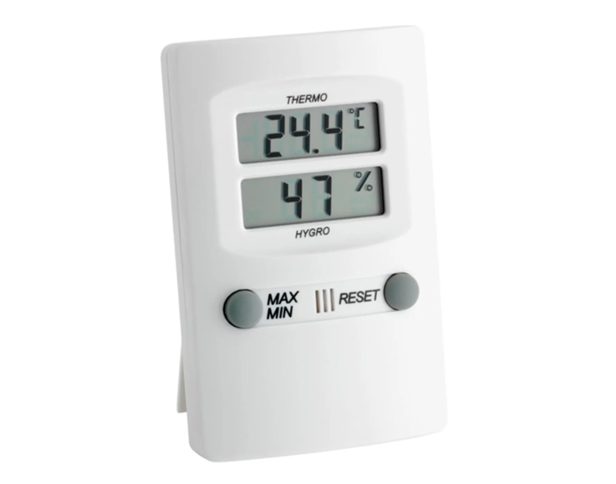 Präzises Thermo-Hygrometer von TFA: Speichert Max/Min-Werte, robustes Design, ideal für gesundes Raumklima.